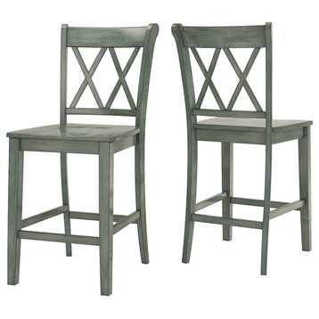 Set of 2 Bar Stools, Hardwood Legs With Curved Seat & Crossed Back, Antique Sage