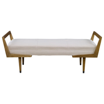 Modern Midcentury Ivory Cushion Long Bench Exposed Light Wood Frame