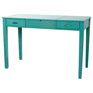 Multifunctional Desk, Drawers & Charging Station With Flip Up Mirror, Turquoise