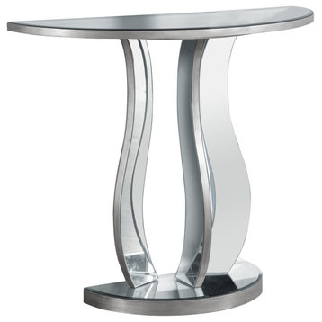 Glam Console Table, Mirrored Design With Half Moon Top & Curved Legs, Silver