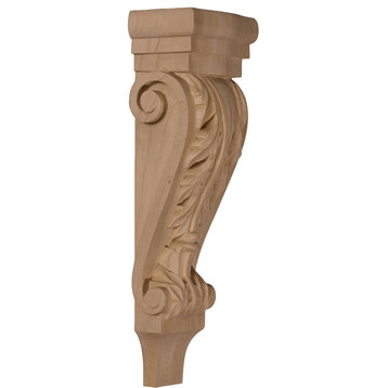 Medium Acanthus Pilaster Wood Corbel, Alder, 5 1/8"W x 3 3/8"D x 15 1/2"H