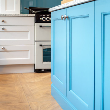 Shaker Style Kitchen with Turquoise Blue Island