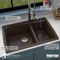 Karran Drop-In Quartz 34" 1-Hole 60/40 Double Bowl Kitchen Sink, Brown