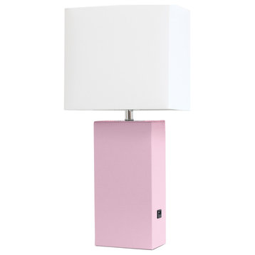 Elegant Designs  Leather Table Lamp with USB and White Fabric Shade, Blush Pink