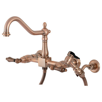 KS124ALBSAC Wall Mount Bridge Kitchen Faucet With Brass Spray, Antique Copper