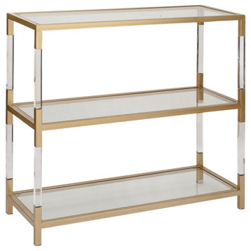 Narrow Console Table, Golden Metal Frame With Acrylic Accents & 3 Glass Tiers
