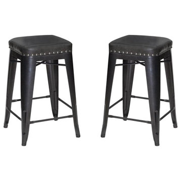 Bowery Hill Transitional Metal and Faux Leather Counter Stool - Set of 2 in Gray