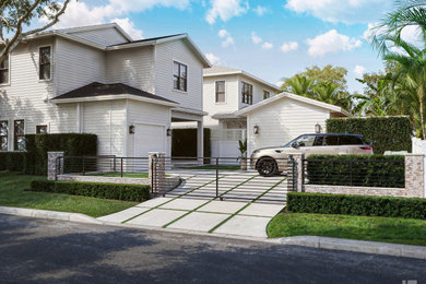 Inspiration for a mid-sized modern white one-story wood and board and batten house exterior remodel in Tampa with a hip roof, a shingle roof and a gray roof