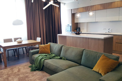 Living room - mid-sized modern open concept medium tone wood floor living room idea in Other with beige walls and a wall-mounted tv