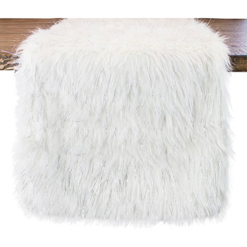 Christmas Decor Faux Fur with Silver Lurex Thread Table Runner, 16"x72", White
