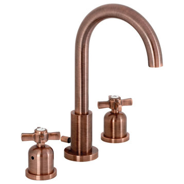 Eclectic Widespread Bathroom Faucet, High Arc Spout & 2 Crossed Handles, Copper
