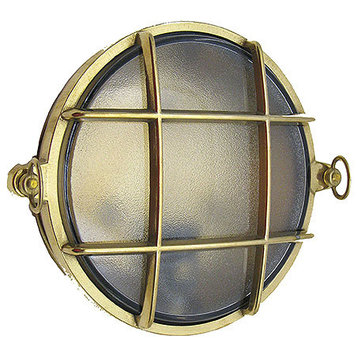 Small Round Bulkhead Cage Sconce (UL Listed / Indoor/Outdoor), Unlacquered Brass