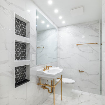 Transitional Primary Bathroom Project With Art Deco Accents