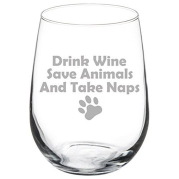 17 Oz Stemless Wine Glass Funny Drink Wine Save Animals and Take Naps