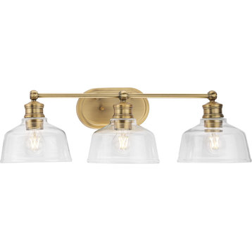 Singleton 3-Light 26.5" Vintage Brass Vanity Light, Clear Glass Shades