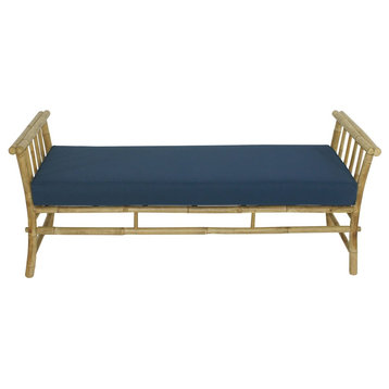 Bamboo Bench Sofa Ottoman Seat - Natural Color With Navy Cushions