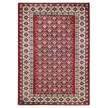 Tribal, One-of-a-Kind Hand-Knotted Area Rug Red, 4'1"x5'8"