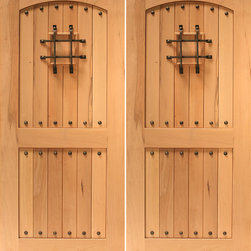 Rustic Front Double Door, V-grooved Arch Panel, Speakeasy, Solid Wood - Front Doors