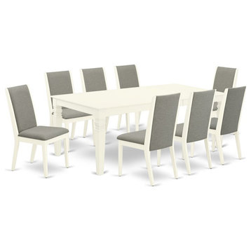 East West Furniture Logan 9-piece Wood Dining Room Table Set in Linen White