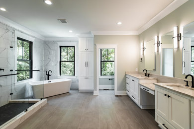 Example of a large transitional master multicolored tile gray floor and double-sink bathroom design in Charleston with white cabinets, a two-piece toilet, green walls, an undermount sink, multicolored countertops and a built-in vanity