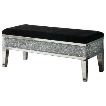 Benzara BM251183 Mirrored Bench With Fabric Seat and Faux Diamonds, Silver