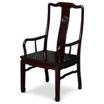 China Furniture and Arts - Rosewood Longevity Design Arm Chair, Cherry - Made of solid rosewood, the center panel and the sides form a unity of graceful lines of this open back armchair. Curved to fit human anatomy, this one panel back amazingly supports your back and waist as comfortably as any other design. Constructed with traditional joinery technique. Unique horseshoe design of the leg. A delicately carved Chinese Longevity symbol takes the center of the back with eye-catching effect. Hand-applied dark cherry wood stain enhances the beauty of rosewood.