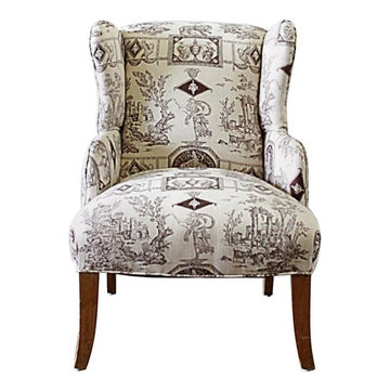 Vintage Petite Wing Chair Upholstered in Brown Toile Fabric