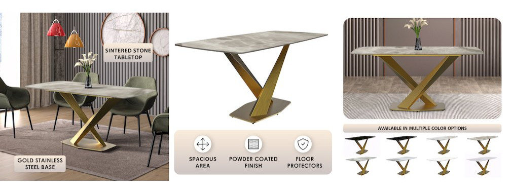 Voren Series Modern Dining Table Gold Base, With 71 Deep Grey Sintered ...