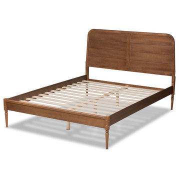 Classic King Platform Bed, Rubberwood Frame & Rounded Grooved Headboard, Walnut