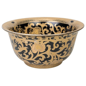 Black and Gold Tapestry Porcelain Contour Bowl, 10"