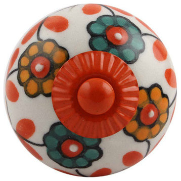 Set of Four Sunflower Pattern Ceramic Drawer Knobs with Orange Fitting