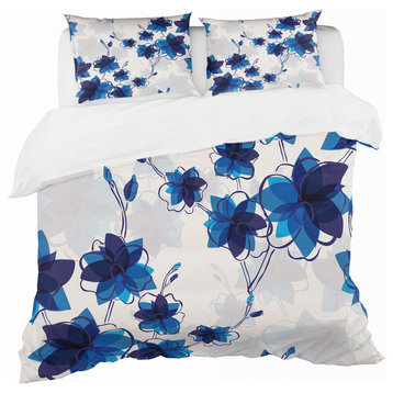 Abstract Blue Flowers Floral Duvet Cover Set, Full/Queen