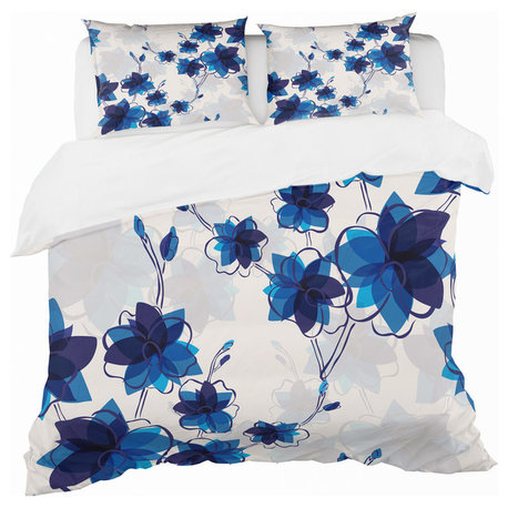 Abstract Blue Flowers Floral Duvet Cover Set, Full/Queen