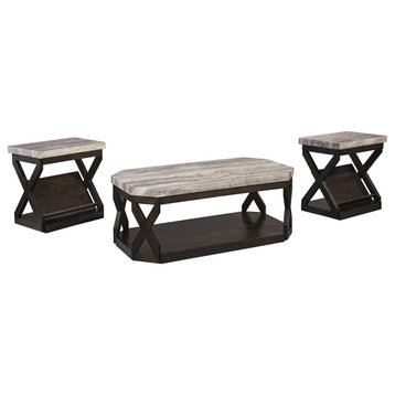 Benzara BM213404 Marble Table Set with 1 Coffee Table & 2 End Tables, Gray/Brown