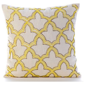 Yellow Lattice Trellis 22"x22" Cotton Linen Pillow Covers, Yellow Sunset Taj