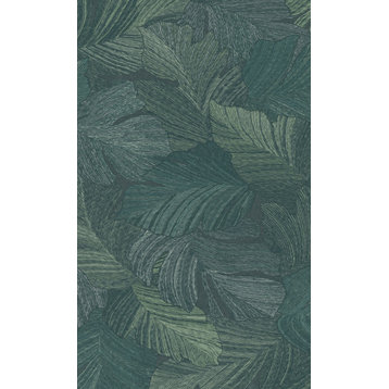 Charming Leaves Tropical All Over Textured Double Roll Wallpaper, Green, Sample