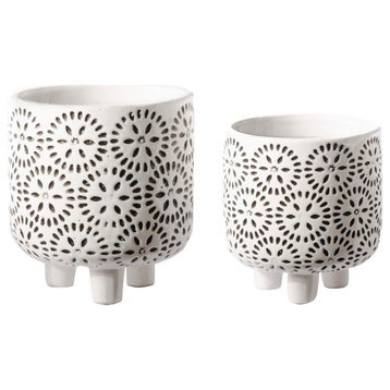 Round Ceramic Pot with Star Bursting Design Gloss White Finish, Set of 2