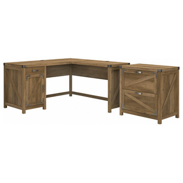 kathy ireland Cottage Grove 60" L Shaped Desk, 2 Drawer Cabinet, Reclaimed Pine