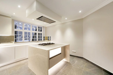 Contemporary kitchen in London with an island.
