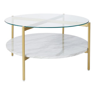 Benzara BM226524 Faux Marble Bottom Shelf Glass Top Cocktail Table