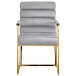 INSPIRED HOME - Inspired Home Maddyn Dining Chair, Velvet Gray/Gold - Blend a generous dose of luxury and style into your home with these modern dining chairs with padded arms in a set of 2, tailored to inspire. Our trendy chairs are available in chrome or gold frames and in velvet or PU leather upholstery. These impressive pieces are sure to add elegance and sophistication to your dining room, kitchen, office, powder room, or makeup room. A perfect stand-alone piece or a lovely addition to any room. Modernize your home seating decor with rich channel tufted upholstery and a sleek stainless-steel frame for that glam style.