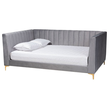 Taryn Modern Luxe Light Gray Velvet Fabric and Gold Queen Daybed