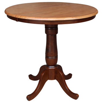 36" Round Top Pedestal Table With 12" Leaf, Cinnamon/Espresso, 34.9 Inch High