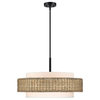 5-Light Double Shade Drum Chandelier With Black Canopy, Straw With White Shade