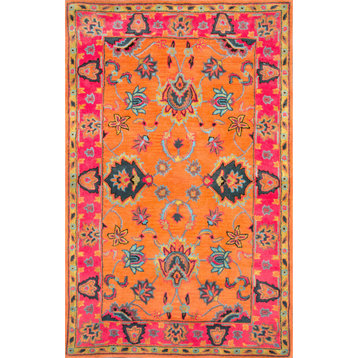 Hand-Tufted Bohemian Vibrant Floral Wool Rug, Orange, 8' Square