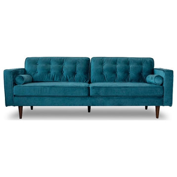 Kearney Mid-Century Tufted Tight Back Turquoise Velvet Upholstered Sofa