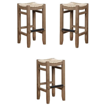 Home Square 30H Wood Bar Stool with Rush Seat in Brown - Set of 3