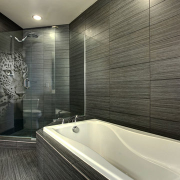 'Panther' Glass Shower Door 3D Laser Design to Accent Dark Interior
