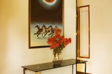 Inspiration for a contemporary laminate floor and brown floor entryway remodel in Other
