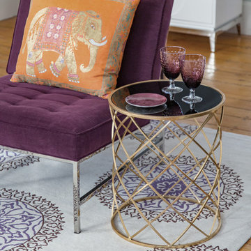Elephant Pillow, Purple Velvet Chair, Side Table